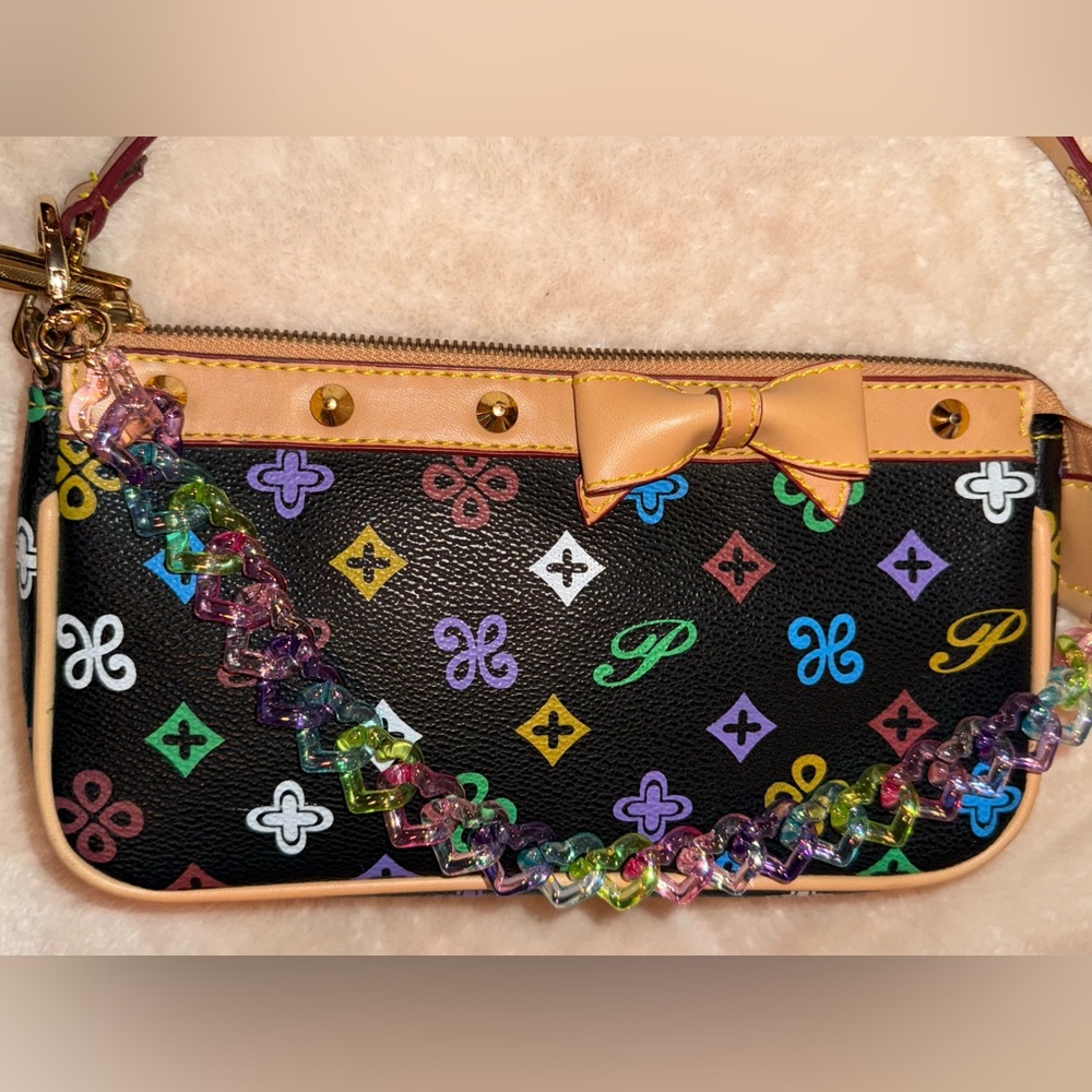 Black Multicolor Studded Monogram Shoulder Bag Tan Trim Bow Detail W Bag Chain! - Picture 10 of 12